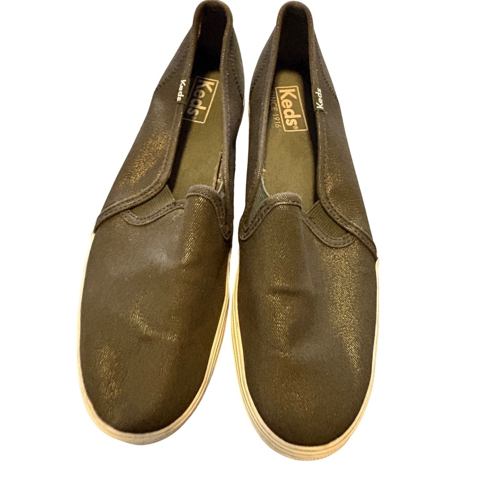 Keds Triple Decker Olive Green Metallic Canvas Platform Slip On Sneakers 7.5